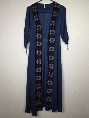 Vintage Free People Size 0 Embroidered Blue Duster Dress